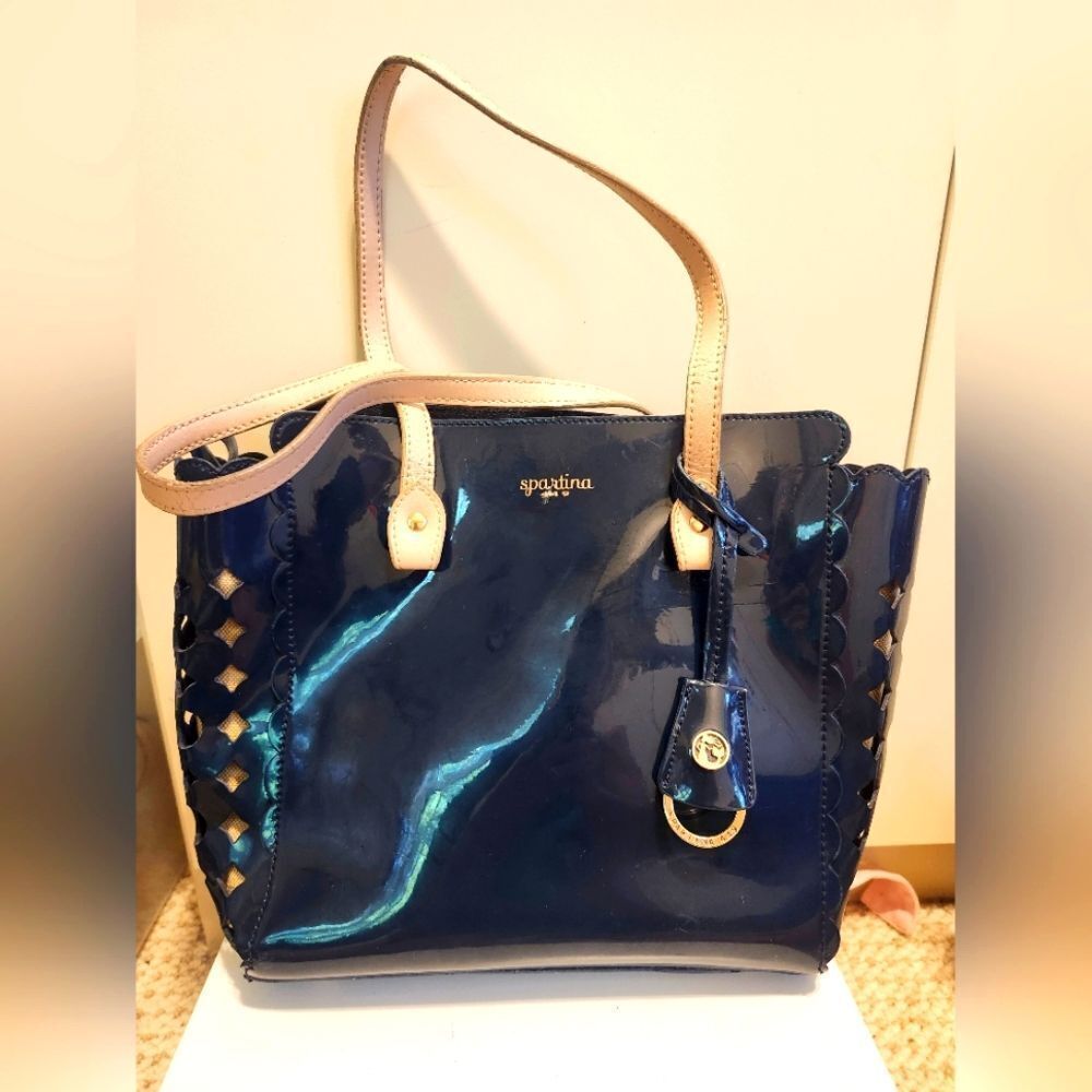 Spartina "Daisy Dash 449" Navy Pat. Leather Linen Lined Tote Bag Ret.$189 Euc
